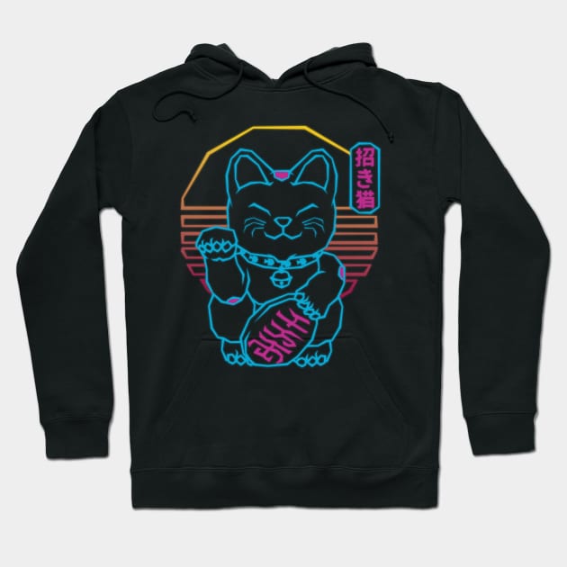 Maneki Neko Japanese Lucky Cat Retrowave 80s Aesthetic Hoodie by MythoCulture